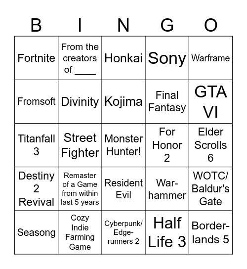 Summer Game Fest Bingo Card