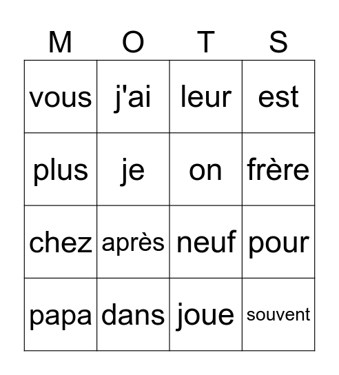 BINGO Mots fréquents Bingo Card
