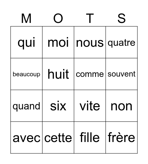 BINGO Mots fréquents Bingo Card