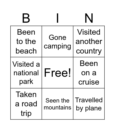 Vacation Bingo Card