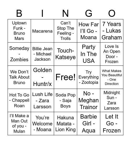 21st Century Music Bingo Card
