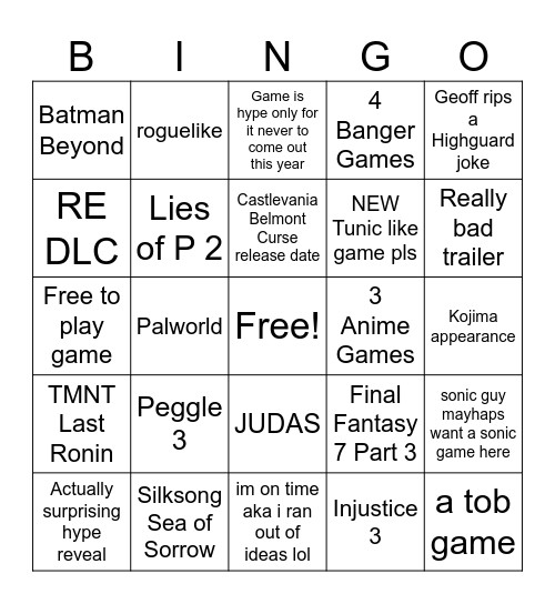 Summer Game Fest 2026 Bingo Card