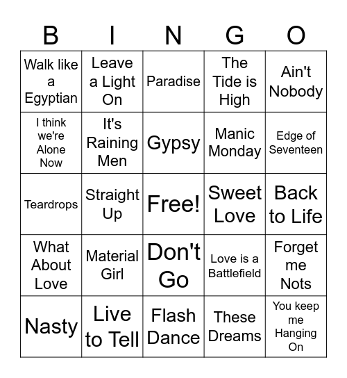 Ladies of the 80s Game 2 Bingo Card