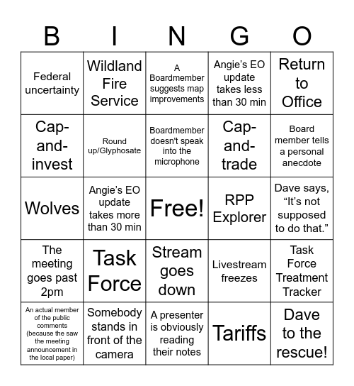 June 2026 Board Meeting Bingo Card