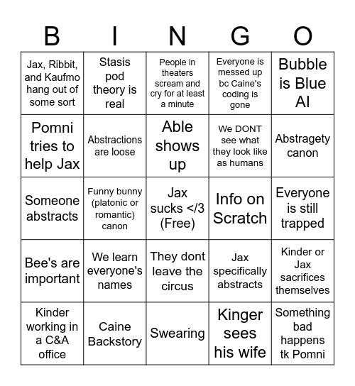 Digital Circus Bingo Card