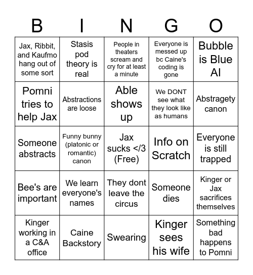 Digital Circus Bingo Card
