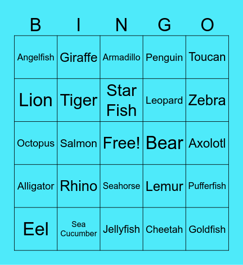 Zoo and Aquarium Bingo Card