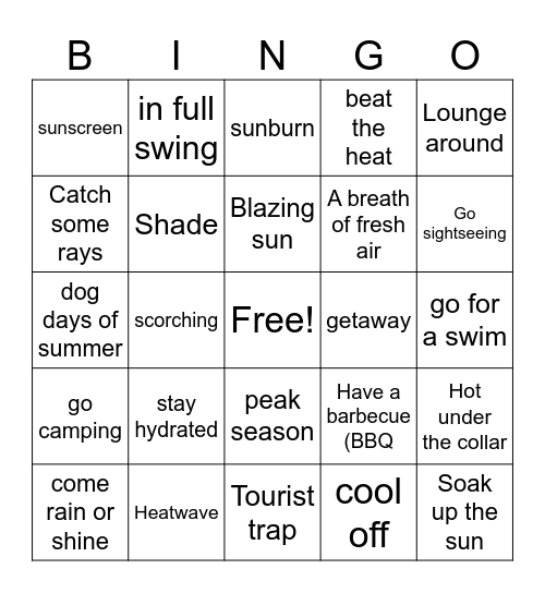 Summer Vocabulary and Expressions Bingo Card
