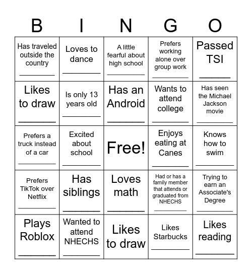 NHECHS BINGO Card