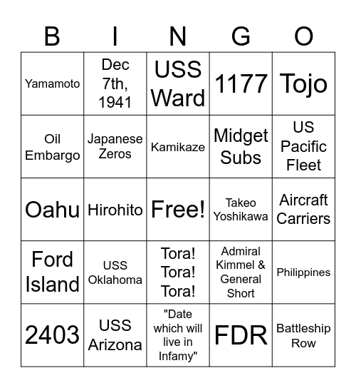 Pearl Harbor Bingo Card