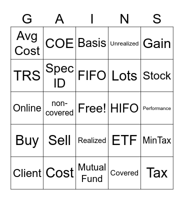 Cost Basis Bingo Card