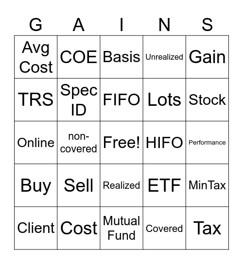 Cost Basis Bingo Card