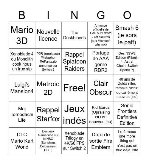 Bingo Nintendo Direct Bingo Card