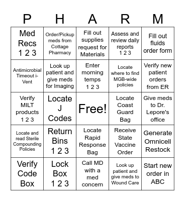 PHARMACY ORIENTATION BINGO Card