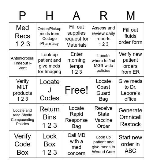 PHARMACY ORIENTATION BINGO Card