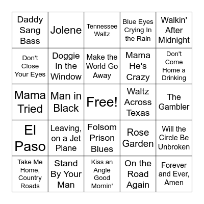 Country Music Bingo Card