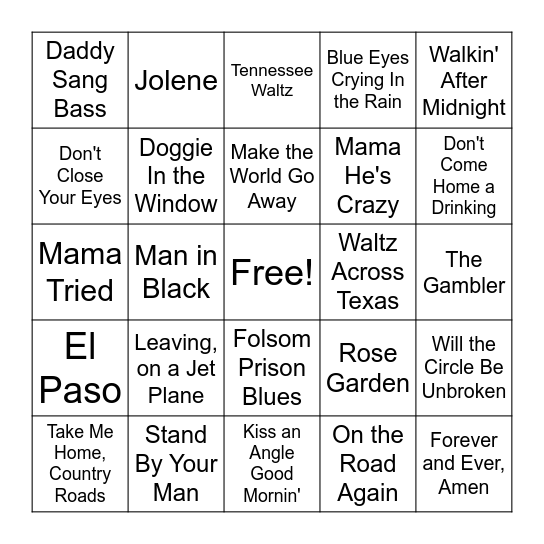 Country Music Bingo Card