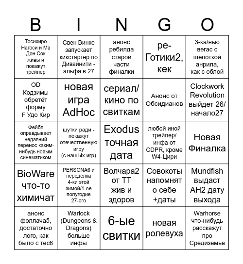 Summer Game Fest Bingo Card