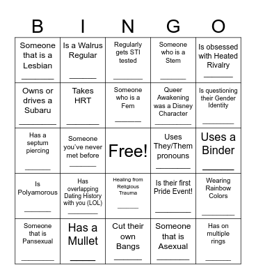 QUEER PROM BINGO Card