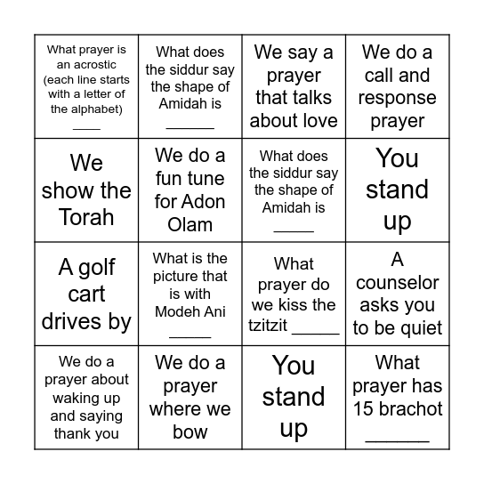Tefillah Bingo Card