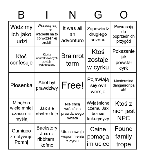 Jax w ciąży Bingo Card