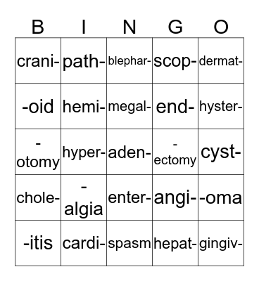 Medical Roots, etc. Bingo Card