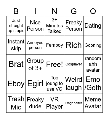 Roblox Neighbours People Bingo Card