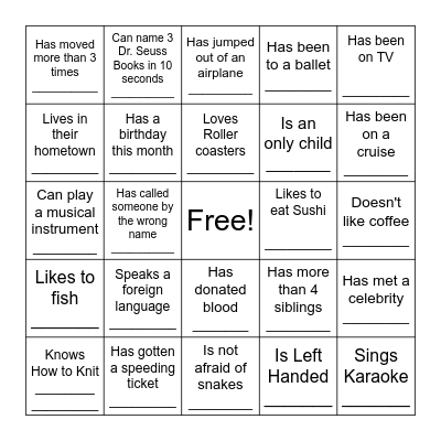 Getting to Know You! Bingo Card