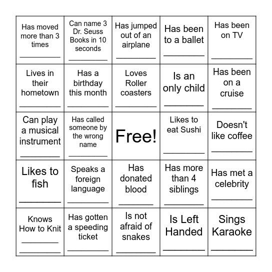 Getting to Know You! Bingo Card