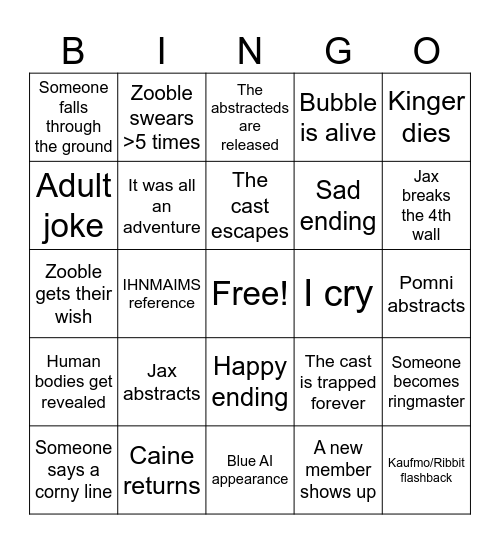 The Amazing Digital Circus Episode 9 Bingo Card