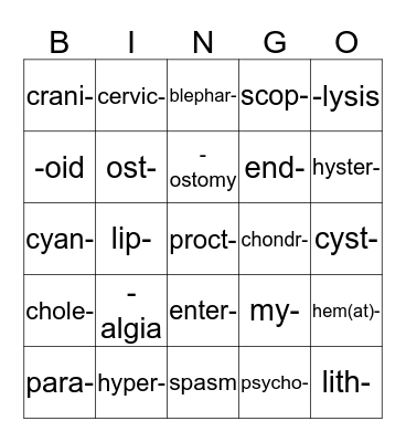 Medical Roots, etc. Bingo Card