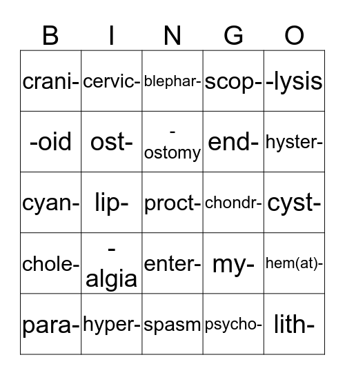 Medical Roots, etc. Bingo Card