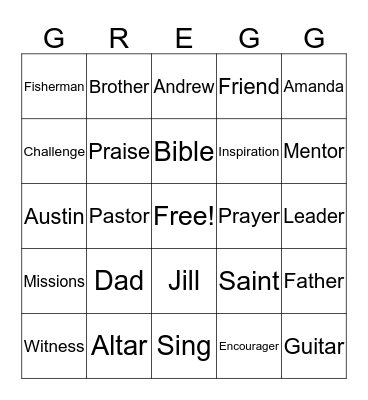 Gregg Bingo Card