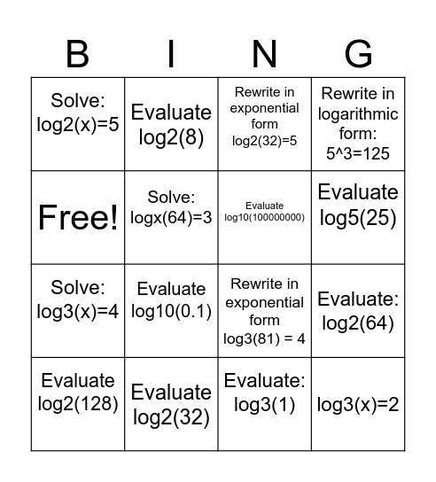 Exponential and Logarithmic Functions Bingo Card