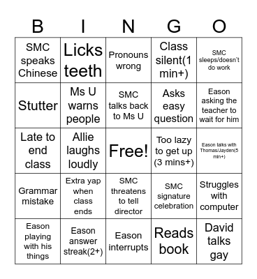 English class Bingo Card