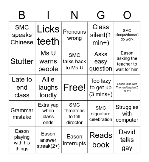 English class Bingo Card
