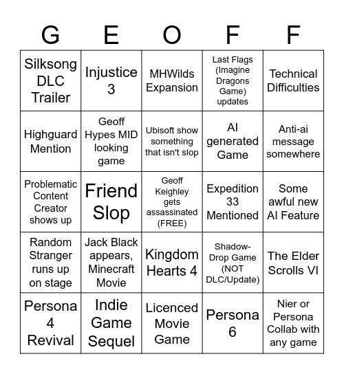 SGF + Xbox Bingo Card