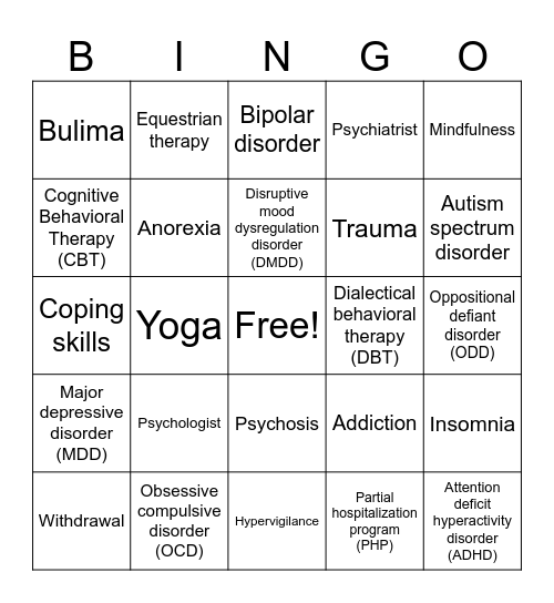psychoeducation Bingo Card