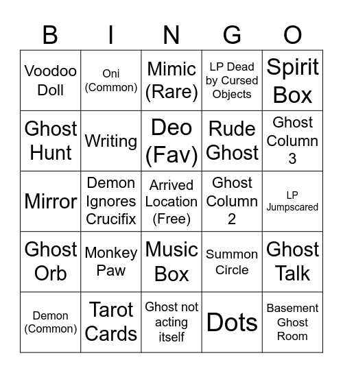 Phasmophobia Bingo Card