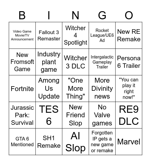 Summer Game Fest 2026 Bingo Card