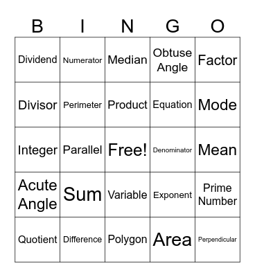 Math Madness Bingo Card