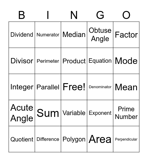 Math Madness Bingo Card