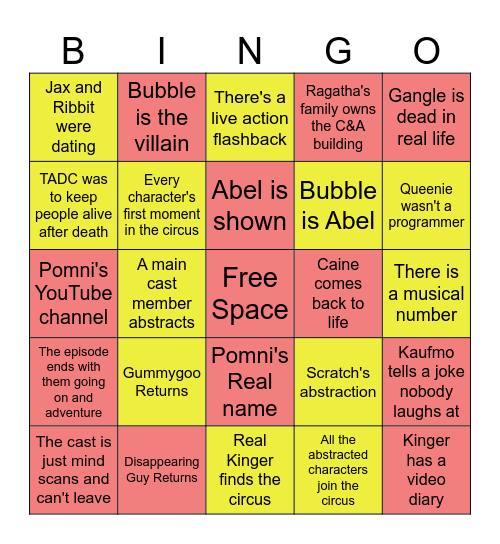 Amazing Digital Circus Bingo Card