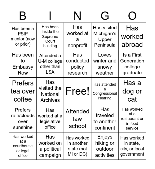 PSIP Welcome Reception 2026 Bingo Card