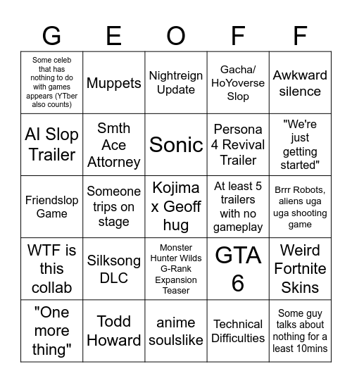 SGF 2026 Bingo Card