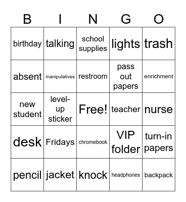 School Supplies Bingo Card