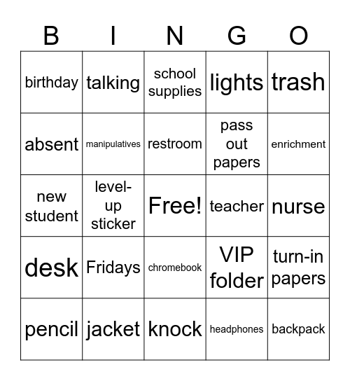 School Supplies Bingo Card