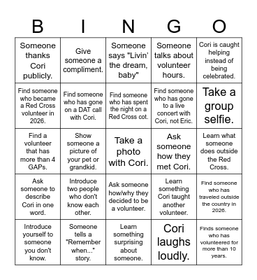 Cory's "Livin' the Dream!" Bingo Card