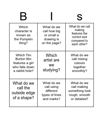 Key Word Tim Burton Bingo Card