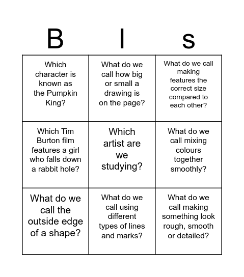 Key Word Tim Burton Bingo Card